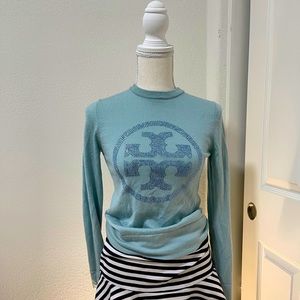 Tory Burch Blue Wool Sweater with Rhinestone Logo